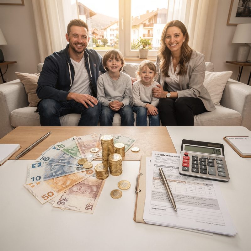 Familie plant Krankenkassenprämien gemeinsam am Tisch