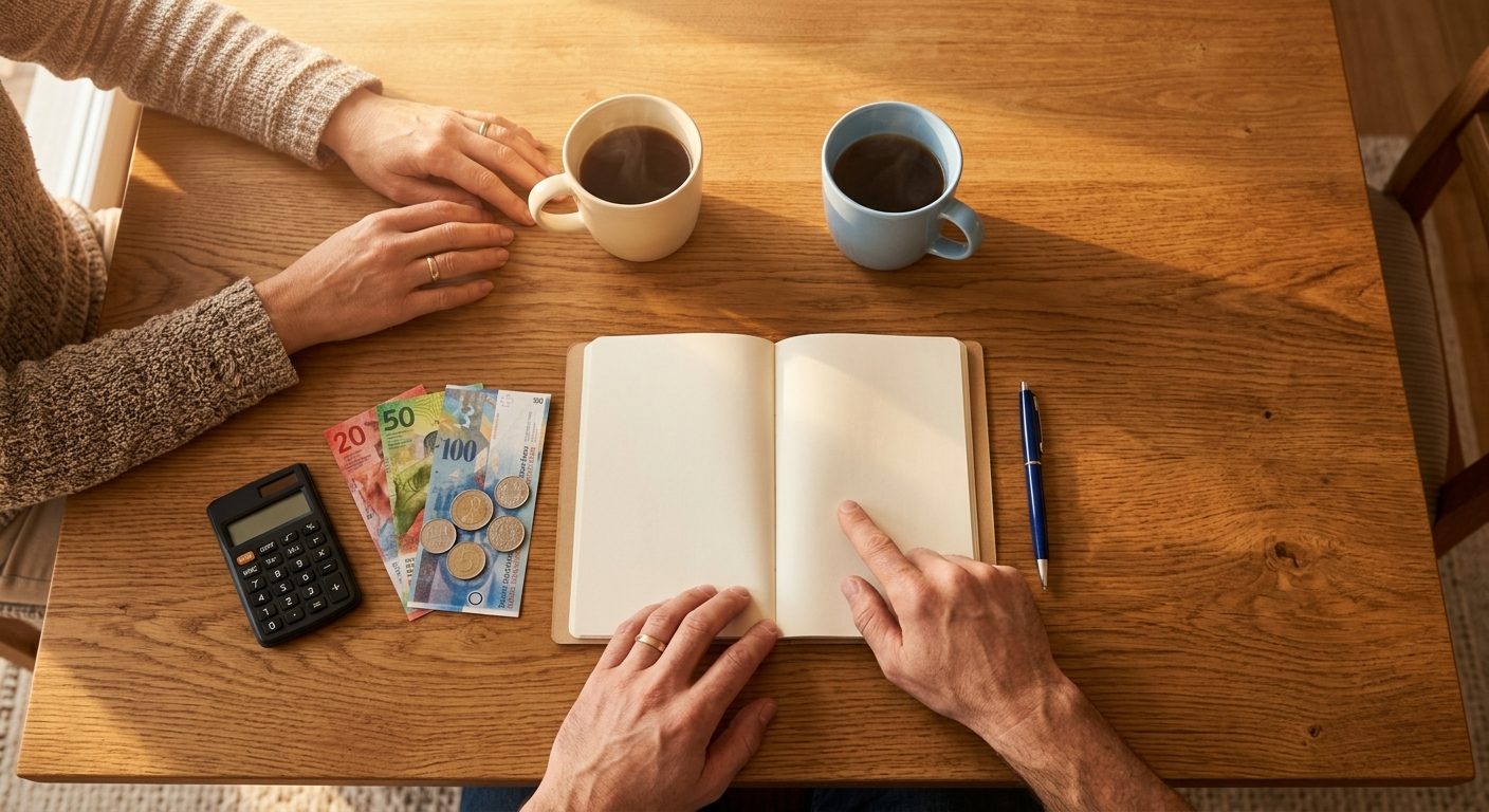 Paar rechnet am Küchentisch mit Taschenrechner, Notizbuch und Schweizer Franken das Haushaltsbudget durch